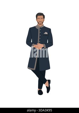 South Asian man in a navy sherwani Stock Vector