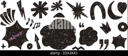 Abstract geometric doodle stickers. Kids figures hand drawn scribbles set. Music note, clouds, bang text boxes asterisk, stars, heart stickers. Vector Stock Vector
