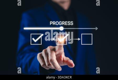 Progress Tracking and Task Management Concept. A person interacting with progress bar and checklist symbolizes task management, project development, Stock Photo