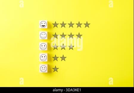 Customer satisfaction feedback and rating concept. Wooden blocks with facial expressions aligned with star ratings on yellow background, customer Stock Photo