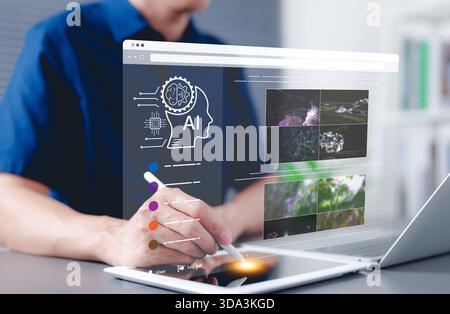 AI image creation technology. Person using digital pen and tablet to AI software to generate images, screen visual, AI Prompt, Image generated Stock Photo