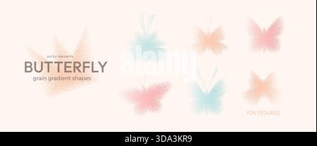 Grain gradient butterfly set. Y2k icons. Dot gradation airbrush flying spray illustration. Vector vintage aesthetic grainy butterflies figures Insect Stock Vector