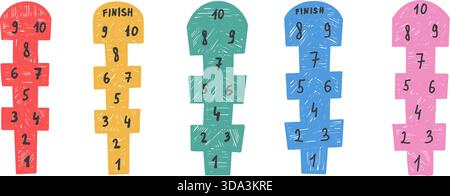 Hopscotch games chalk drawn. Kids kindergarten pencil crayon elements set isolated on transparent background. Hop scotch children playground outdoor e Stock Vector