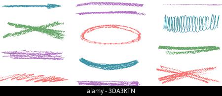 Crayon drawn brushstrokes set. Pencil brush stroke lines and strikethrough streaks. Hand drawn kid textured rough stripe, emphasis freehand elements. Stock Vector
