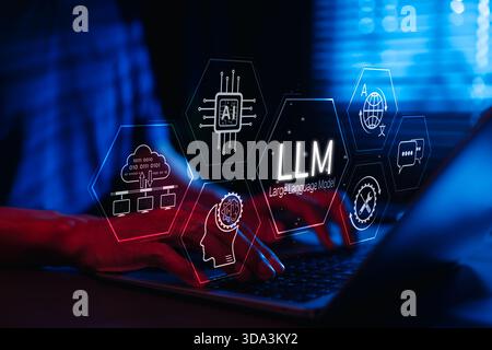 LLM Large Language Model and AI technology concept. Man working with LLM interface icons, artificial intelligence, deep learning, machine learning, Stock Photo