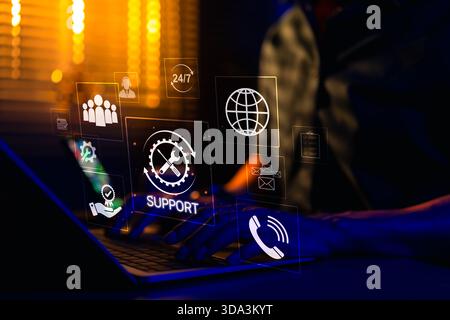 Technical support and customer service concept. Digital icon representing technical support, customer service, and 24/7 assistance. Stock Photo