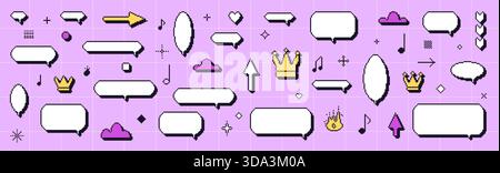 Pixel y2k speech bubbles set. Pixelated dialogue boxes. 8 bit callouts clouds. Game pixel art chat text boxes with crown, music note, arrows. Vector t Stock Vector