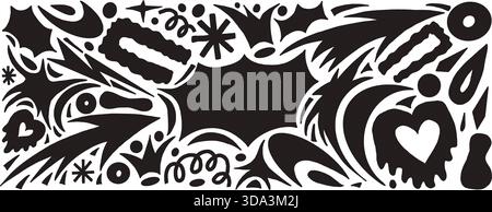 Bang callout background. Geometric and organic figures silhouettes. Y2K paper collage with stars, arrows, heart, and doodles. Black graphic illustrati Stock Vector