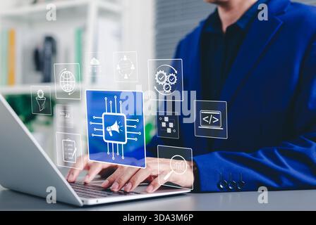 Marketing automation and digital strategy concept. businessman working on laptop with marketing automation, analytics, growth strategy, digital market Stock Photo