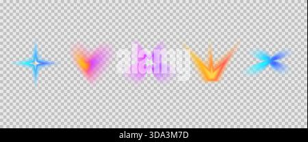Set of y2k gradient icons elements. Gradation colors simple girly shapes. Butterfly, twinkle blur simple elements. Soft smooth crown figures. Vector i Stock Vector