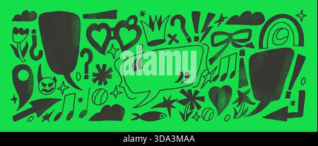Grunge speech bubble doodle with inverted spanish punctuation mark. Hand drawn charcoal text boxes black frames with scribble set. Crayon flowers, cal Stock Vector