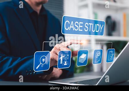 Case Study and Research Analysis Concept. Businessman interact with case study interface on laptop, featuring research, education, analysis icons, Stock Photo