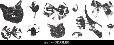 Cat, bow, flowers photocopy vintage dadaism set. Ribbon, hand with thumb up threshold collage effect. Dotted stippling black grunge elements. Vector y Stock Vector