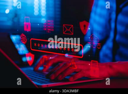 Cybersecurity Password Protection Concept. A person typing on laptop with digital password input, security icons, and red alert, Stock Photo