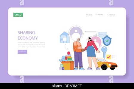 Vector illustration of a sharing economy concept featuring diverse individuals interacting positively. Includes symbolic icons representing sharing, collaboration, and security elements. Stock Vector