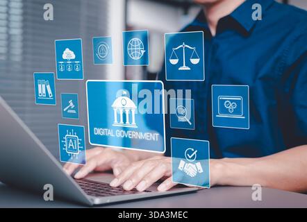 Digital Government and Online Public Services Technology. Man using laptop with icons digital government systems, AI, cloud technology, Stock Photo