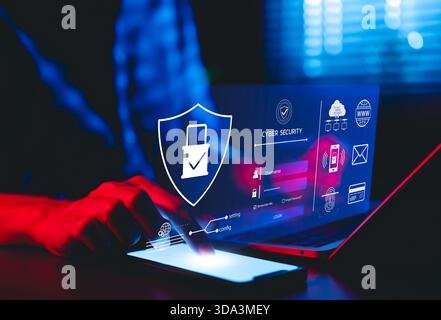 Cybersecurity and Data Protection Concept. A person interact with secure login interface on device, cyber security, data protection, digital identity, Stock Photo