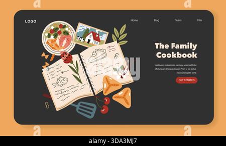 Vector illustration of a family cookbook layout, featuring hand-drawn recipes, food elements, and a rustic house image. Includes pasta, vegetables, and creative kitchen essentials. Stock Vector