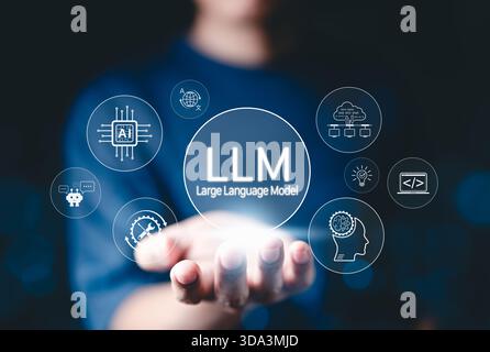 LLM Large Language Model and AI technology concept. Man holds LLM icons, artificial intelligence, deep learning, machine learning NLP natural language Stock Photo