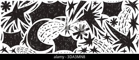 Space stars and bang text box charcoal abstract geometric shapes background set. Twinkle, moon freeform abstract hand drawn doodle figures. Linocut st Stock Vector
