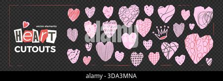 Hearts doodle paper cutout set. Collage crayon pattern lines textured stickers. Collection of uneven paper elements for love and scrapbook designs. He Stock Vector