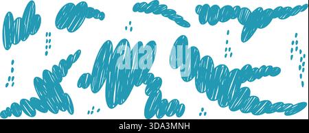 Pastel brush irregular blobs with chalk-like texture set. Hand-drawn clouds doodle elements in blue colors. Perfect for creative illustrations, sticke Stock Vector