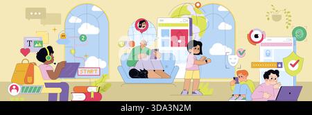 Children are engaged in digital activities, including using a laptop and mobile devices, symbolizing online learning and technology interaction in a colorful vector illustration. Stock Vector