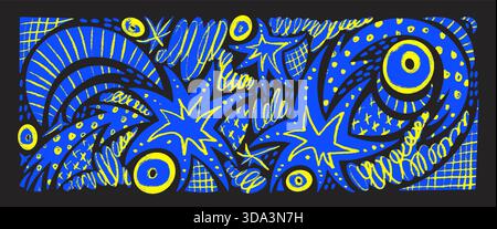 Stars and arrows cutout abstract geometric shapes background. Geometry freeform collage naive blue and yellow night doodle figures. Scrapbook twinkle Stock Vector