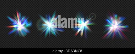 Sparkling crystal refraction creates stunning rainbow caustics with iridescent glow, lens flares, and brilliant gem sparkle on transparent png-like ba Stock Vector