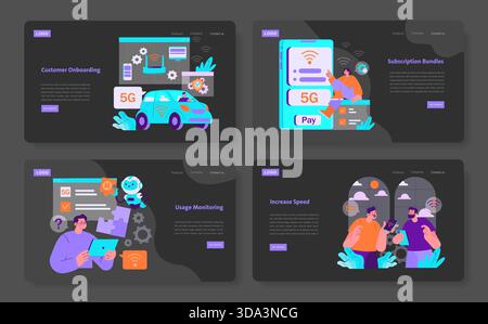 Vector illustration showcasing 5G technology in customer onboarding, subscription management, and usage monitoring. Features innovative solutions for enhancing speed and connectivity. Stock Vector