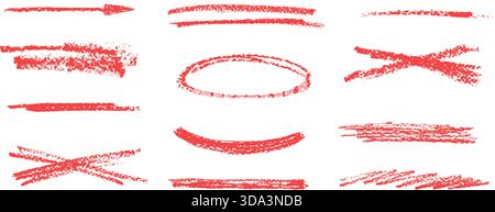 Red underlines crayon. Set of brushstroke pencil text marks lines. Hand drawn grunge textured streak, highlight, emphasis. Chalk arrow, scribble freeh Stock Vector