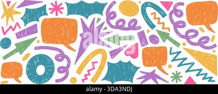 Crayon geometric shapes with speech bubbles. Playful naive bang and promo text boxes. Hand drawn abstract elements with textured brush strokes. Childi Stock Vector