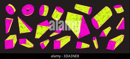 Hand-drawn 3d abstract geometric shapes with crayon texture. Colorful neon geometry elements. cylinder, triangular forms in naive markers doodles. cub Stock Vector