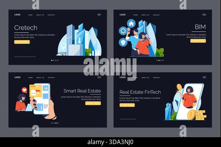 Set of four vector illustrations showcasing real estate and technology themes. Depicts smart devices, cityscapes, and diverse professionals interacting with digital interfaces. Stock Vector