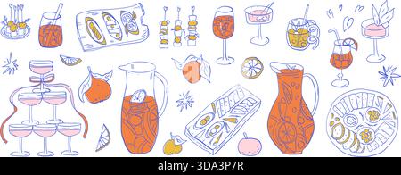 Mediterranean spanish cocktail party doodle set. Sangria pitcher, wine, tapas. Whimsical bachelorette parties hand drawn mocktail, snack food elements Stock Vector