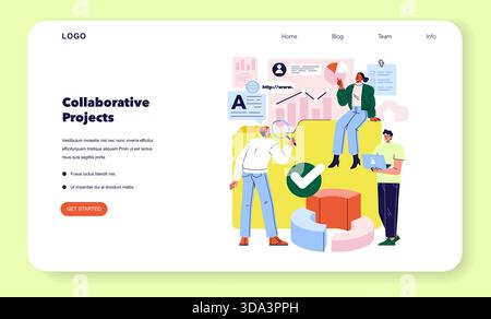 Vector illustration of a team collaborating on a digital project, highlighting teamwork and data analysis with charts and laptops. It shows individuals working together in a modern setting. Stock Vector