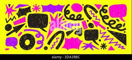 Neon colors abstract geometric speech bubbles shapes. Crayon black purple naive bangs and promo text boxes. Hand drawn talk tags elements with texture Stock Vector