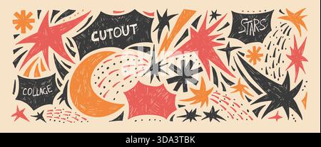 Chalk space stars, bang text boxes cutout collage. Crayon abstract geometric shapes background set. Geometry freeform abstract naive hand drawn scribb Stock Vector