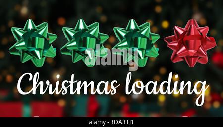 Christmas loading, expectation of holiday. Three green bows and one red against blurred background with bokeh lights Stock Photo