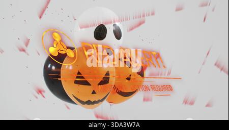 Displaying cluster of pumpkin, ghost and black balloons centered in pale gray, with RED ALERT HUD Stock Photo