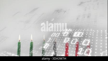 Showing candles on glossy table green trio flaming black center unlit red trio unlit binary grid Stock Photo
