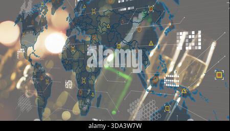 Displaying stylized world map overlay in digital backdrop, showing hex grids, nodes, link lines Stock Photo