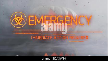 Showing glowing orange EMERGENCY with biohazard centered on smoky HUD, IMMEDIATE ACTION REQUIRED Stock Photo