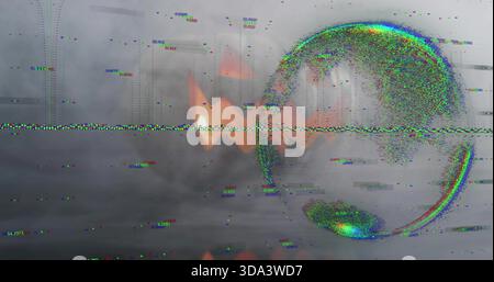 Displaying large RGB noise ring reflecting on bright scanline in corrupted display, copy space Stock Photo