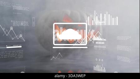 Displaying white laptop cloud icon floating in smoky backdrop, showing data charts and pumpkin glow Stock Photo
