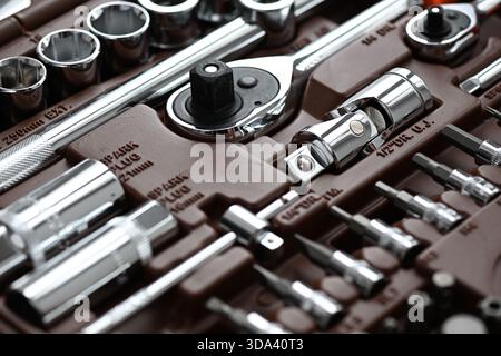 Professional work tools set with various instruments for technicians Stock Photo
