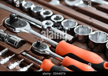 Professional work tools set with various instruments for technicians Stock Photo