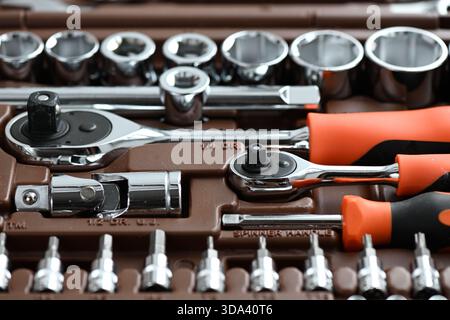 Professional work tools set with various instruments for technicians Stock Photo