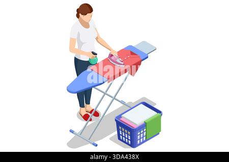 Isometric illustration of a woman ironing a red shirt on an ironing board with a laundry basket full of folded clothes. Household textile care and Stock Vector