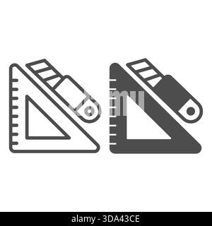 Ruler with utility knife line and solid icon, sewing theme concept. Vector graphics. Triangle ruler and cutting tool, stationery sign on white backgro Stock Vector